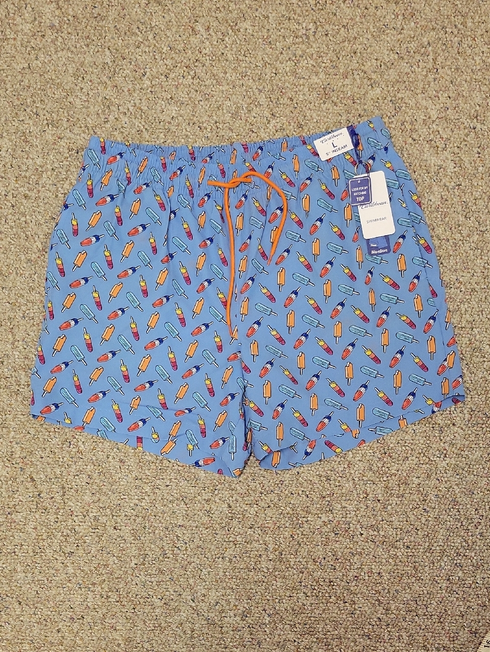 Caribbean Light Blue Swim Shorts with Colorful Popsicle Print Men's Large New